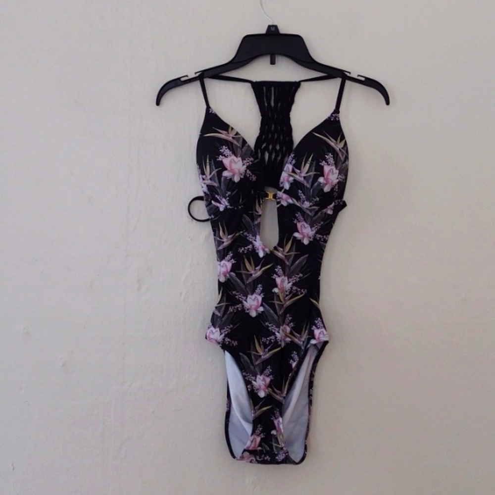 Paper Dolls Black Floral Front Closure Open Back One Piece Swimsuit Size 12 NEW